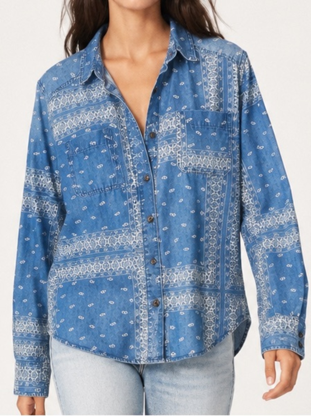 Mossimo Bandana Denim Shirt Womens M Blue Cotton Western Casual Cowgirl Relaxed